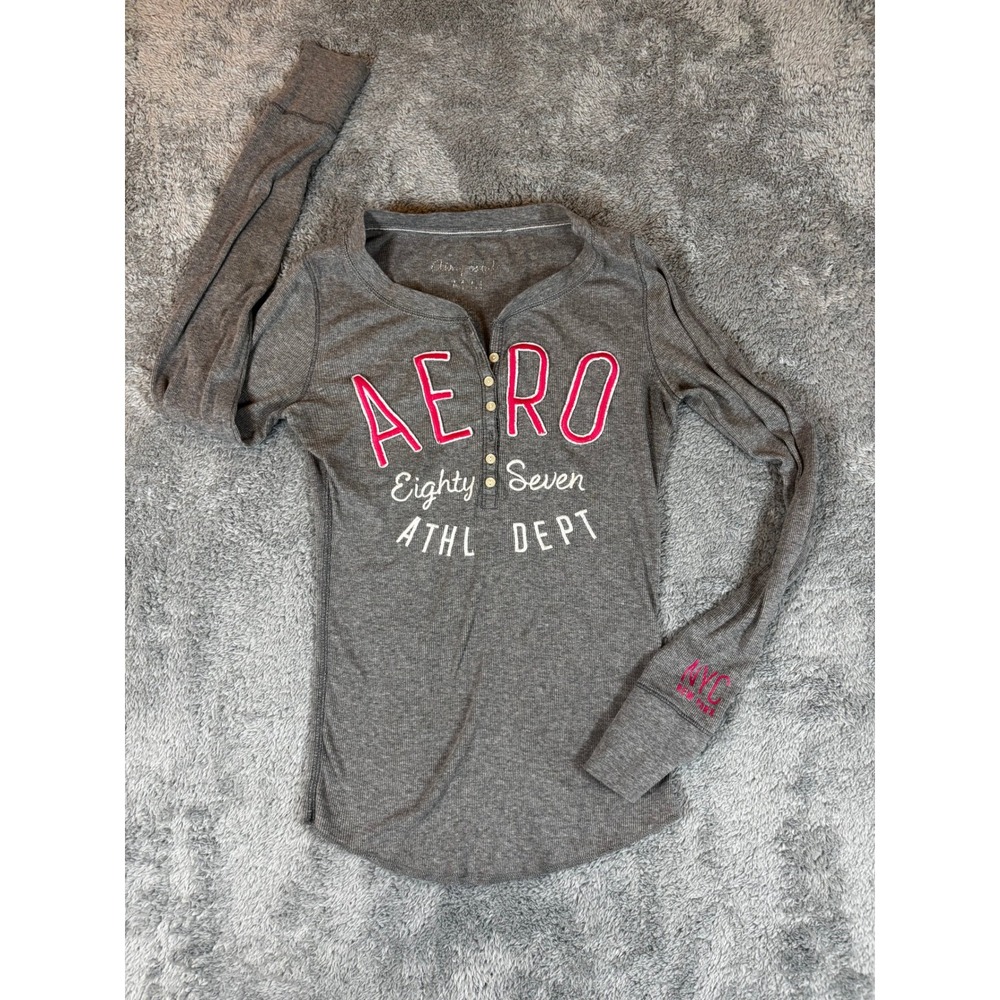 Aeropostale Gray Thermal Henley Long Sleeve Shirt Pink Graphic Logo Womens Med